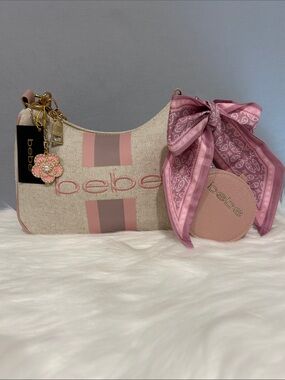bebe Paisley Canvas Crossbody with Coin Purse Powder Pink with Charm and Scarf